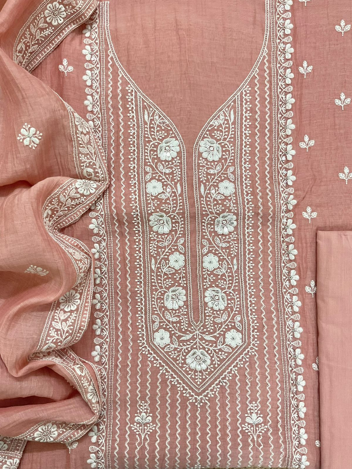 Pure Mul Chanderi Embroidered Suit - Peach