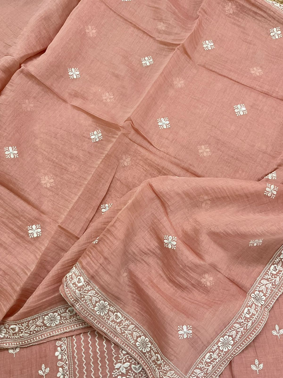 Pure Mul Chanderi Embroidered Suit - Peach