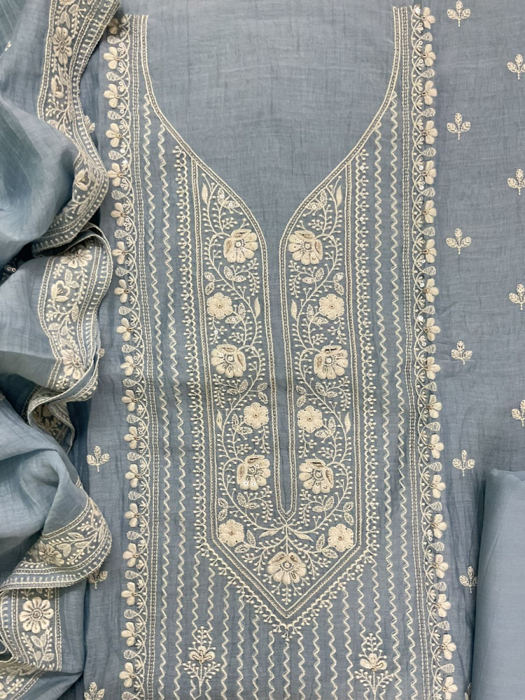 Image of Pure Mul Chanderi Embroidered Suit - Blue