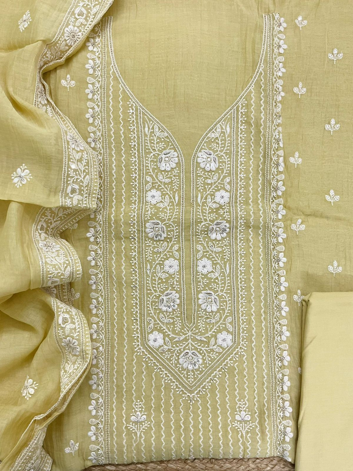 Pure Mul Chanderi Embroidered Suit - Yellow