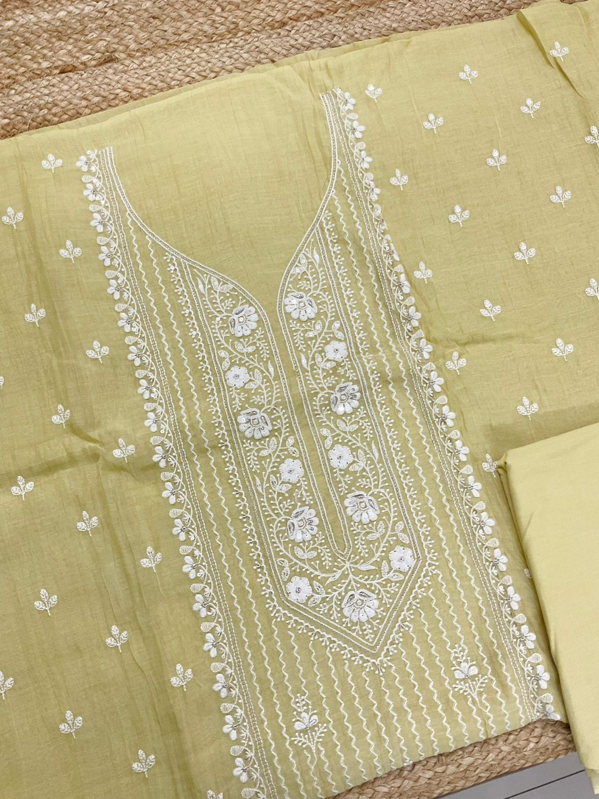 Pure Mul Chanderi Embroidered Suit - Yellow