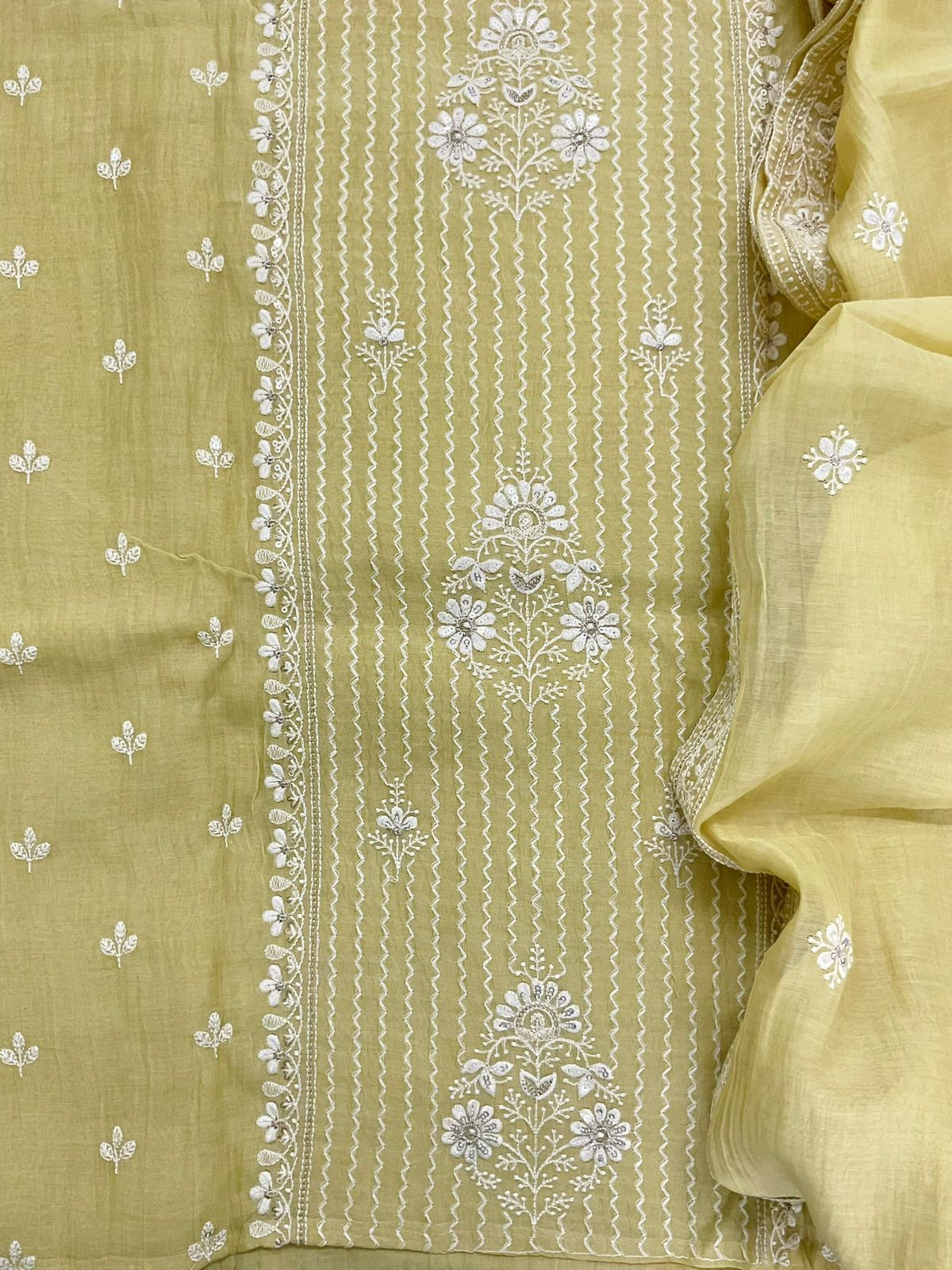 Pure Mul Chanderi Embroidered Suit - Yellow