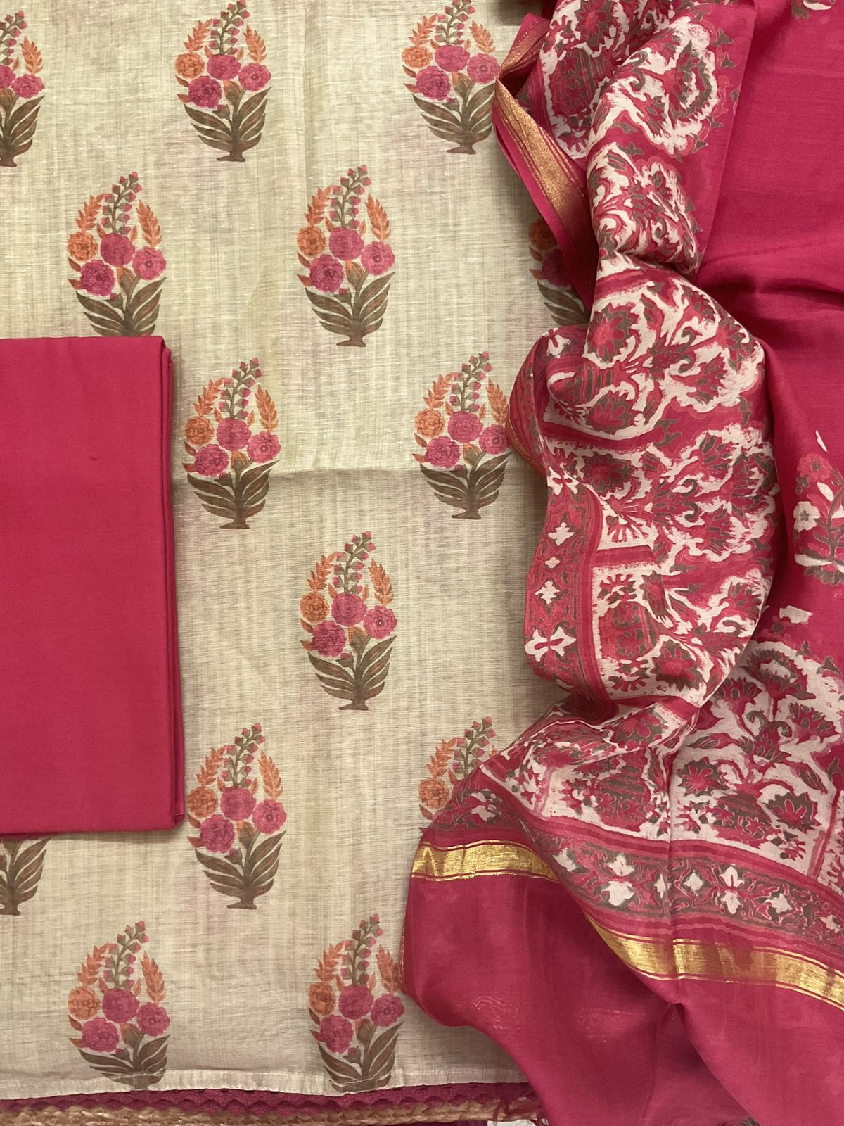 Soft Kora Chanderi Printed Suit - Beige