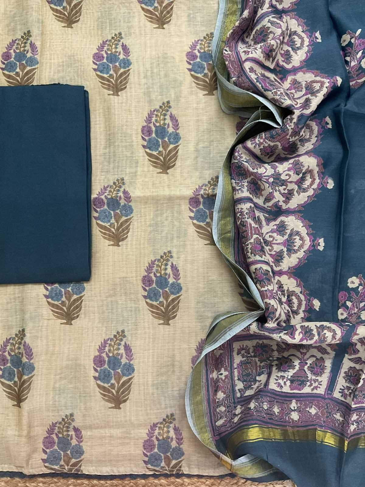 Soft Kora Chanderi Printed Suit - Beige