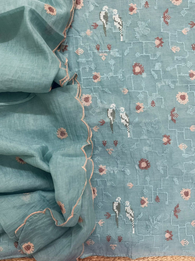 Image of Soft Chanderi Embroidered Suit - Blue