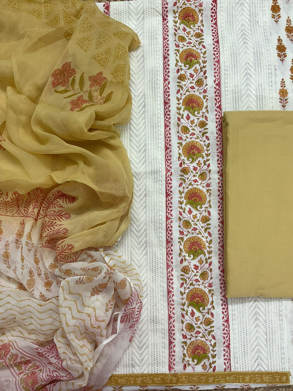 Pure Fine Cotton Printed Embroidered Suit - Off White