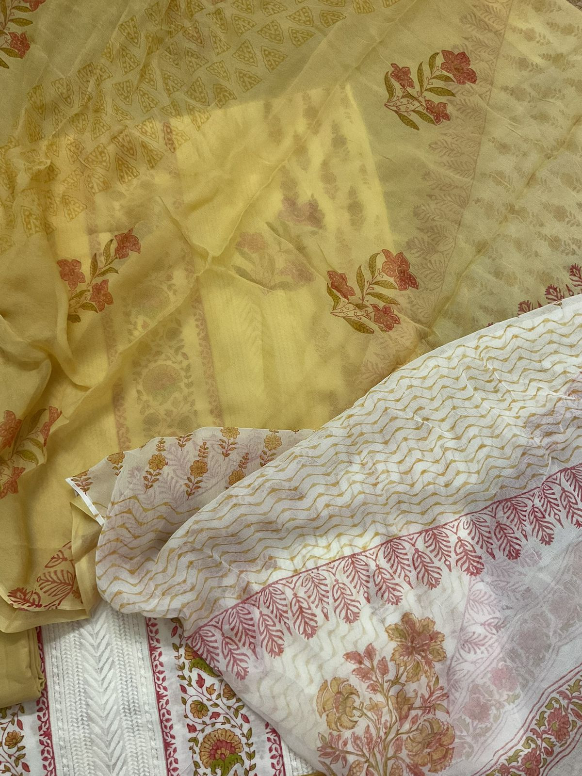 Pure Fine Cotton Printed Embroidered Suit - Off White