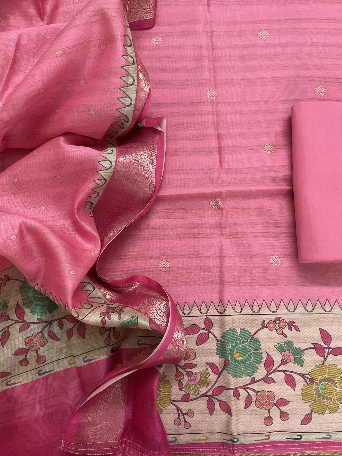 Soft Semi Tussar Printed Suit - Pink