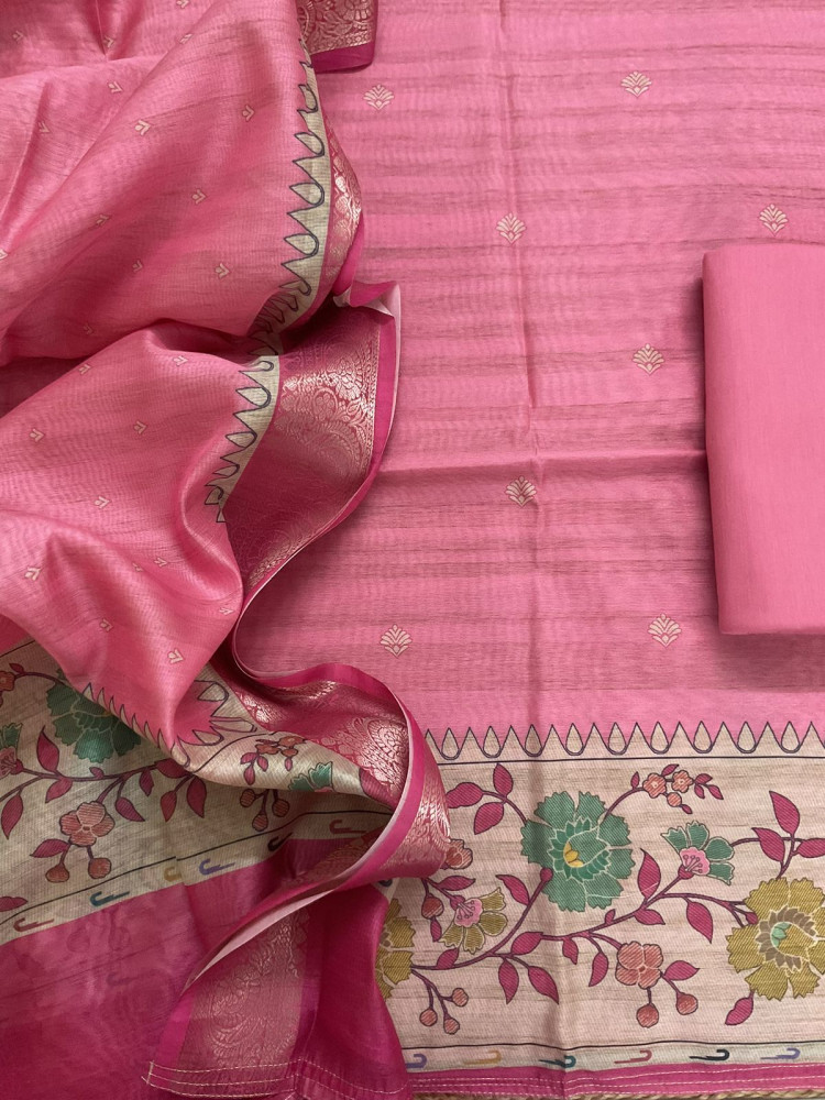 Image of Soft Semi Tussar Printed Suit - Pink