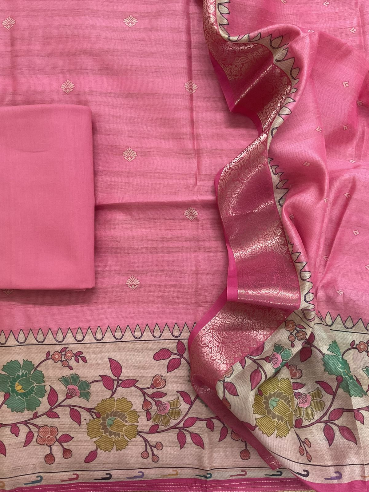 Soft Semi Tussar Printed Suit - Pink
