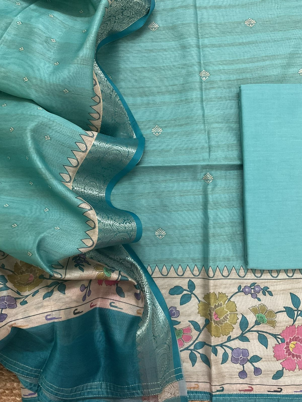 Soft Semi Tussar Printed Suit - Blue