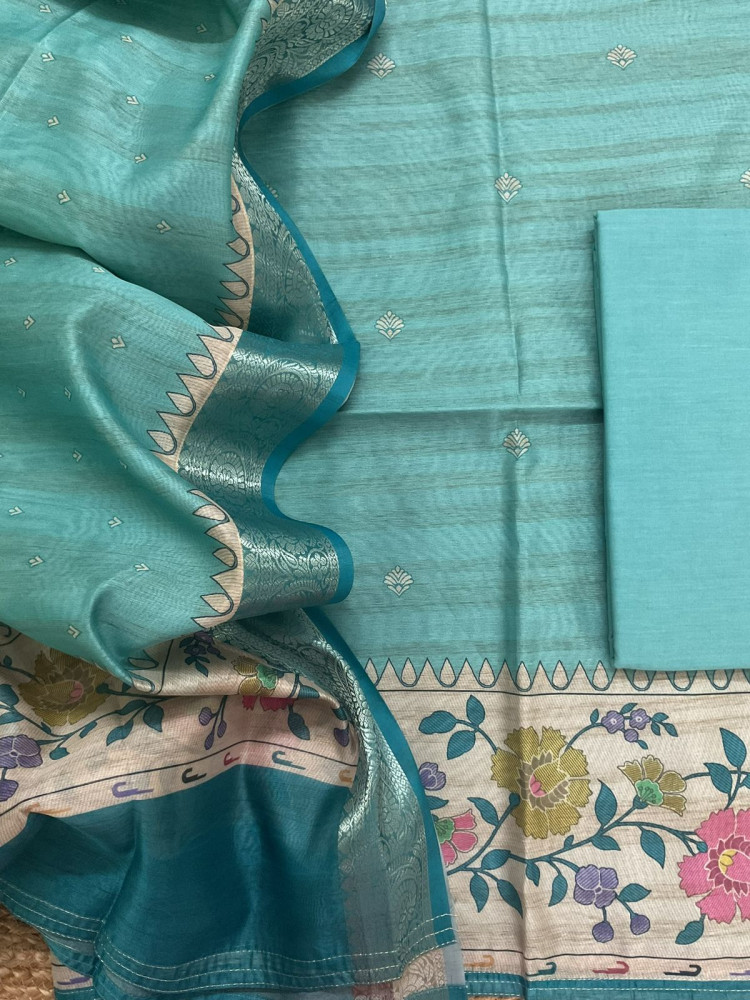 Image of Soft Semi Tussar Printed Suit - Blue