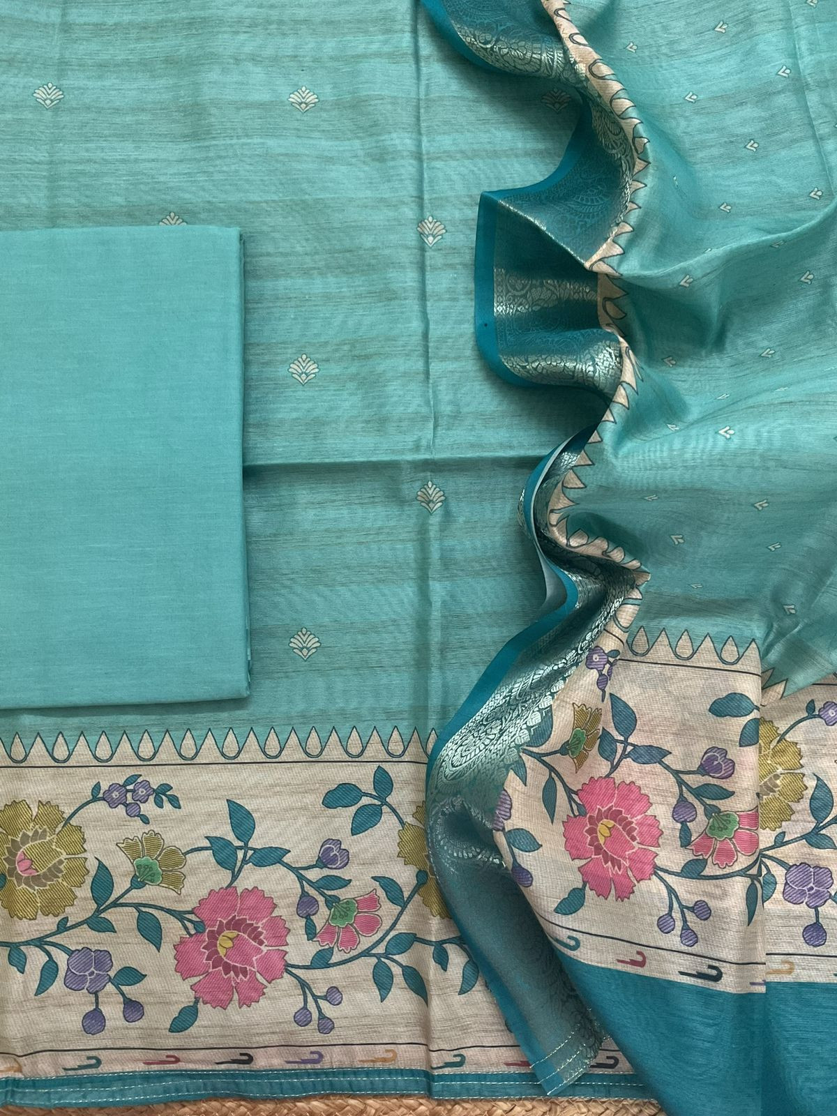 Soft Semi Tussar Printed Suit - Blue