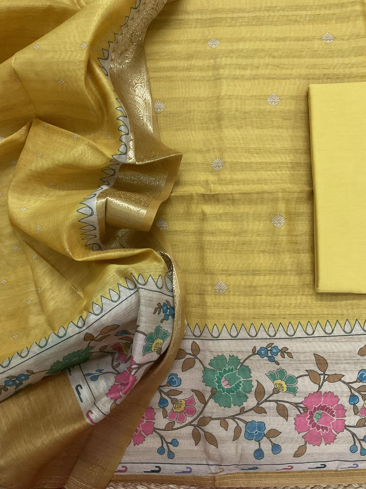 Soft Semi Tussar Printed Suit - Yellow