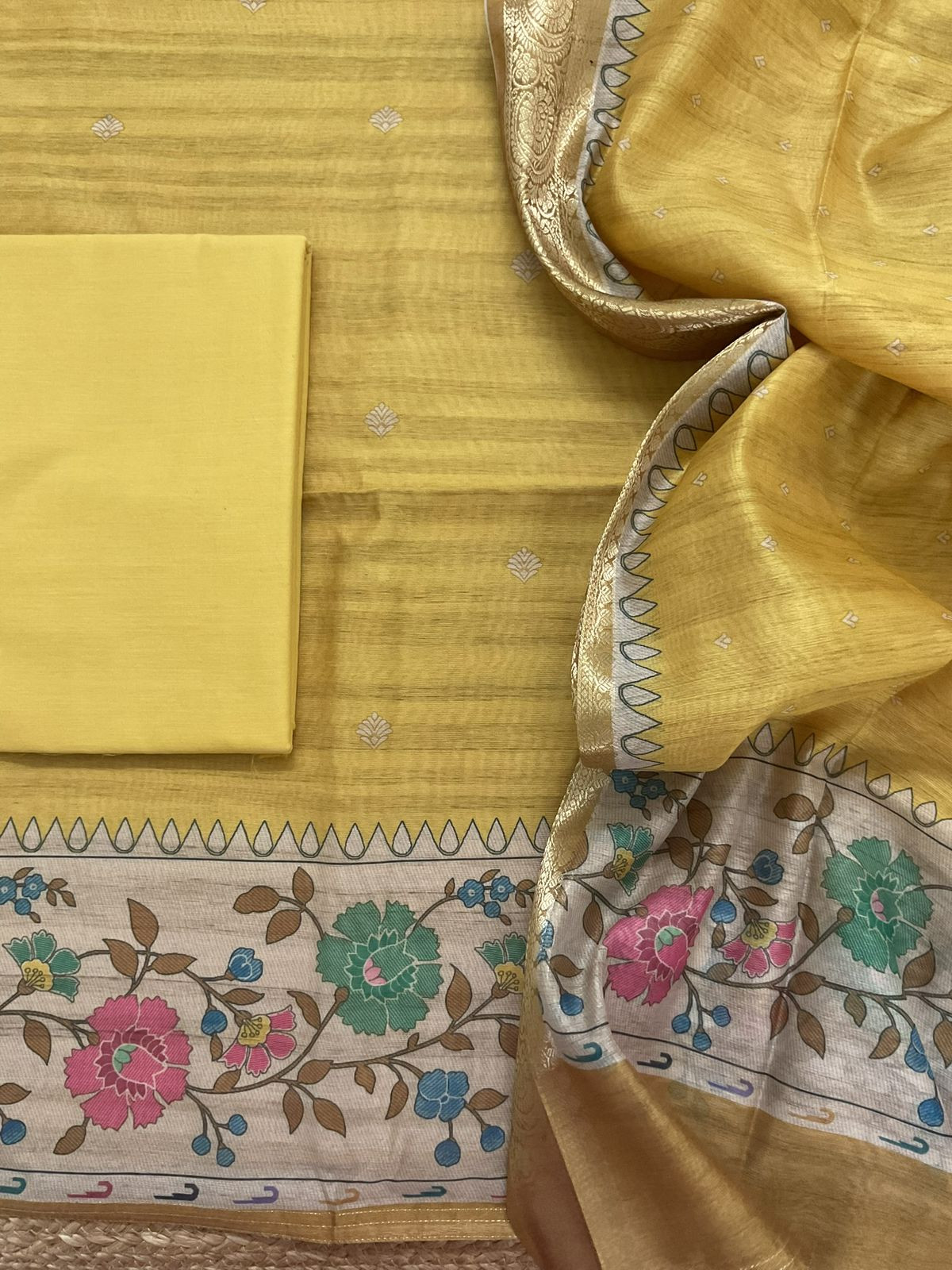 Soft Semi Tussar Printed Suit - Yellow