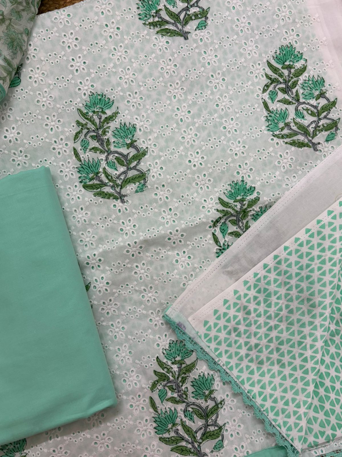 Pure Fine Cotton Printed Embroidered Suit - White