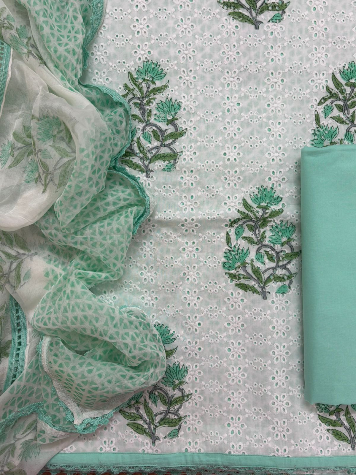 Pure Fine Cotton Printed Embroidered Suit - White