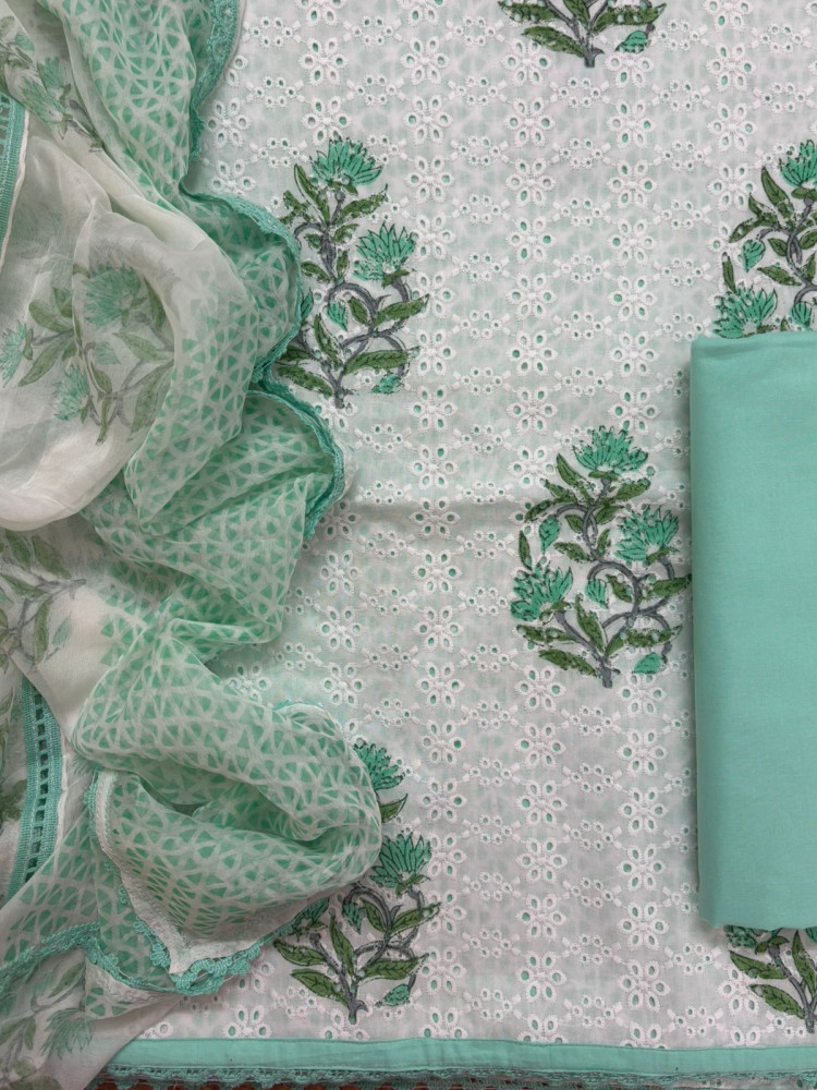 Image of Pure Fine Cotton Printed Embroidered Suit - White