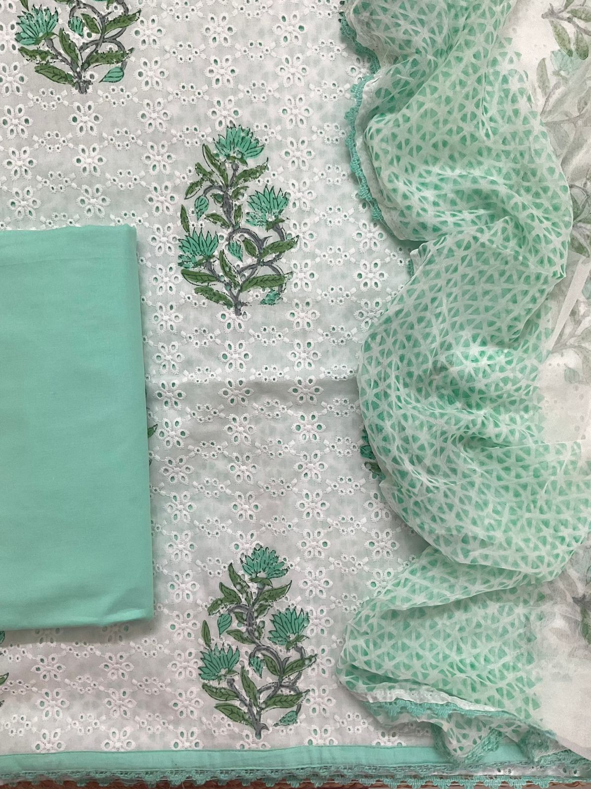 Pure Fine Cotton Printed Embroidered Suit - White