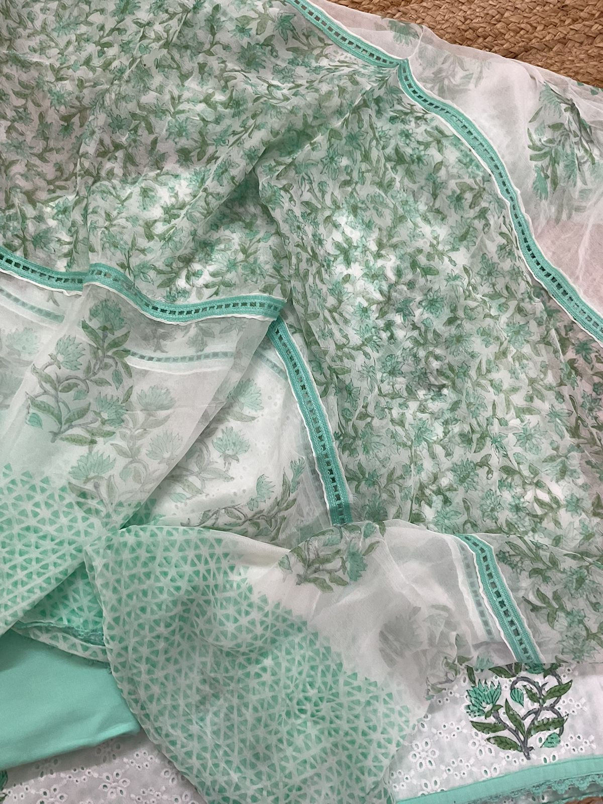 Pure Fine Cotton Printed Embroidered Suit - White