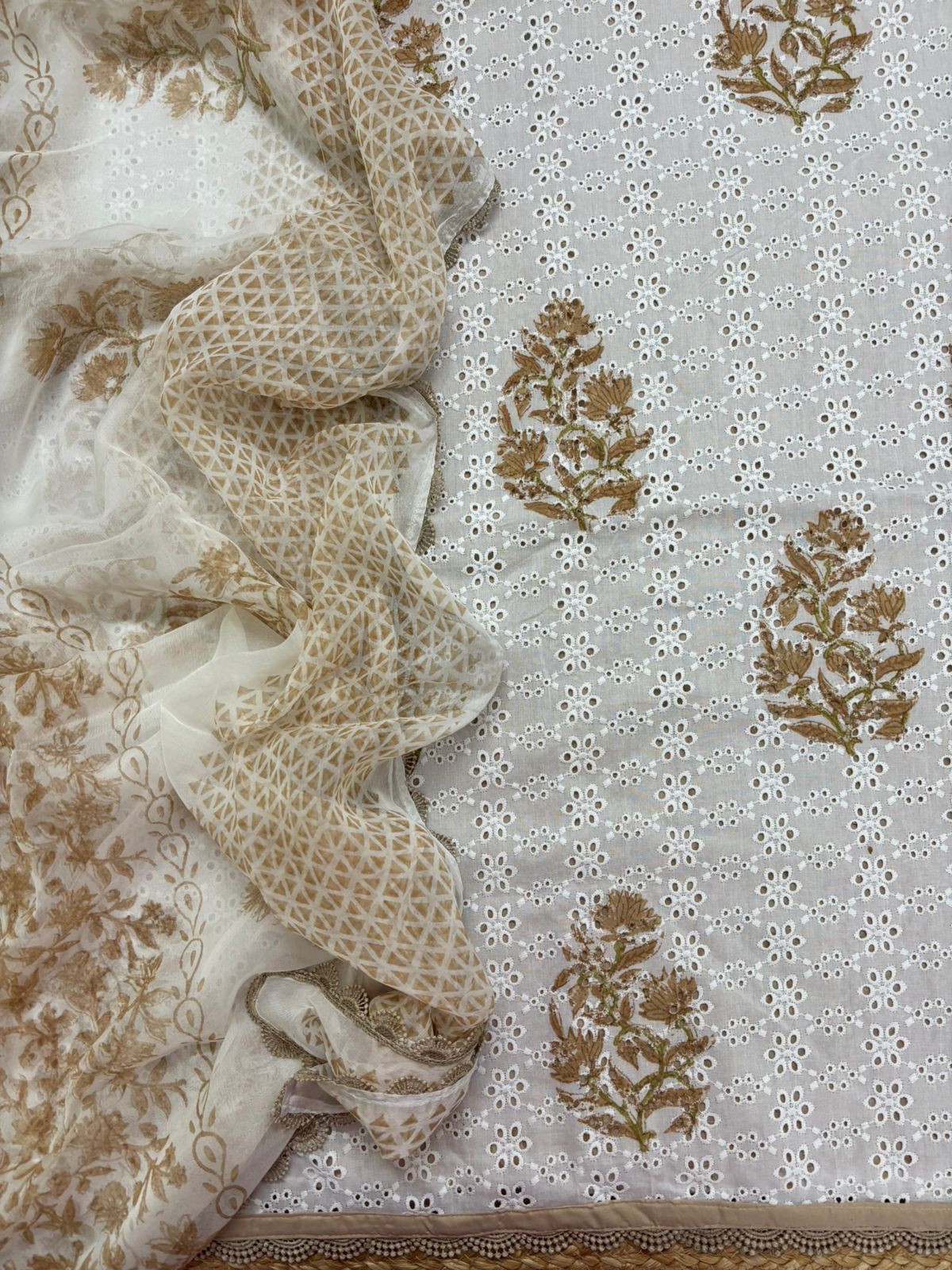 Pure Fine Cotton Printed Embroidered Suit - White