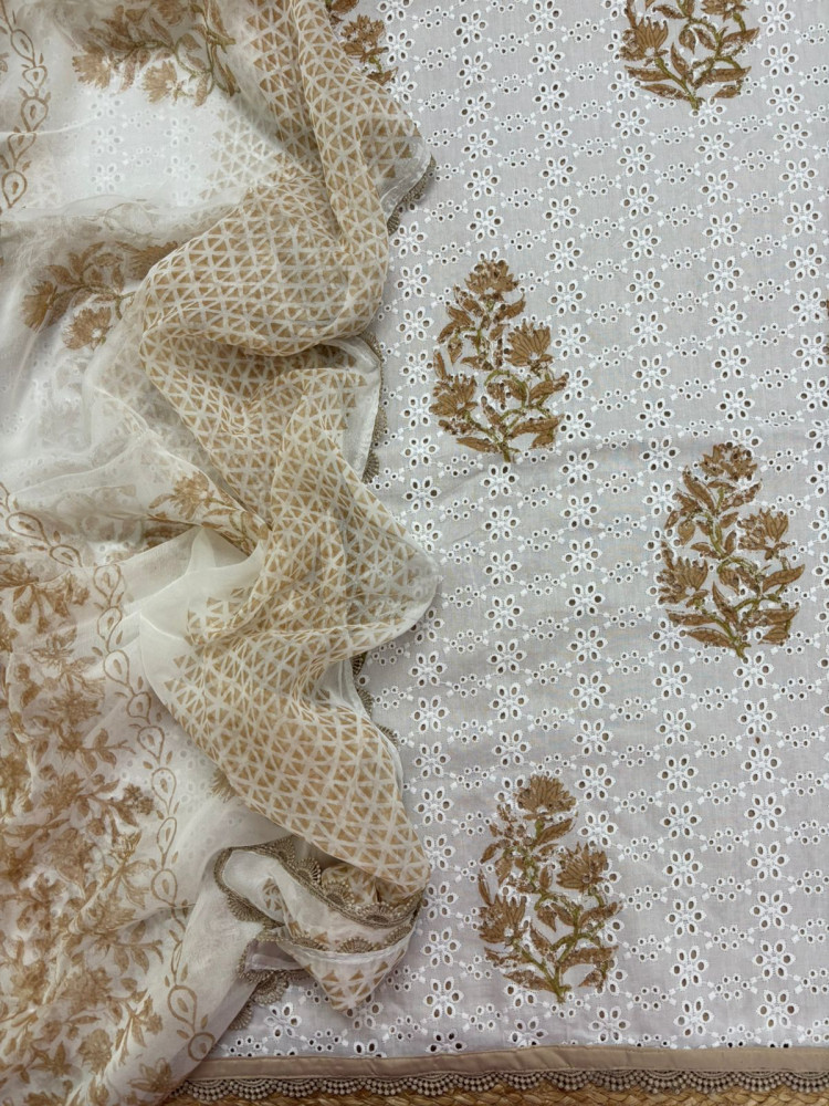 Image of Pure Fine Cotton Printed Embroidered Suit - White