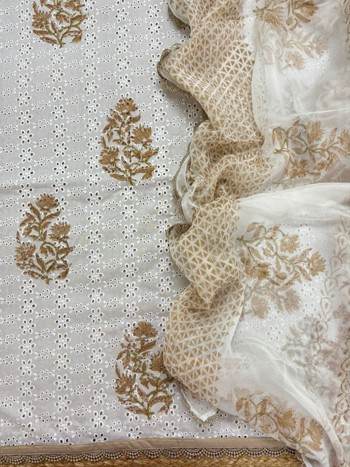 Pure Fine Cotton Printed Embroidered Suit - White