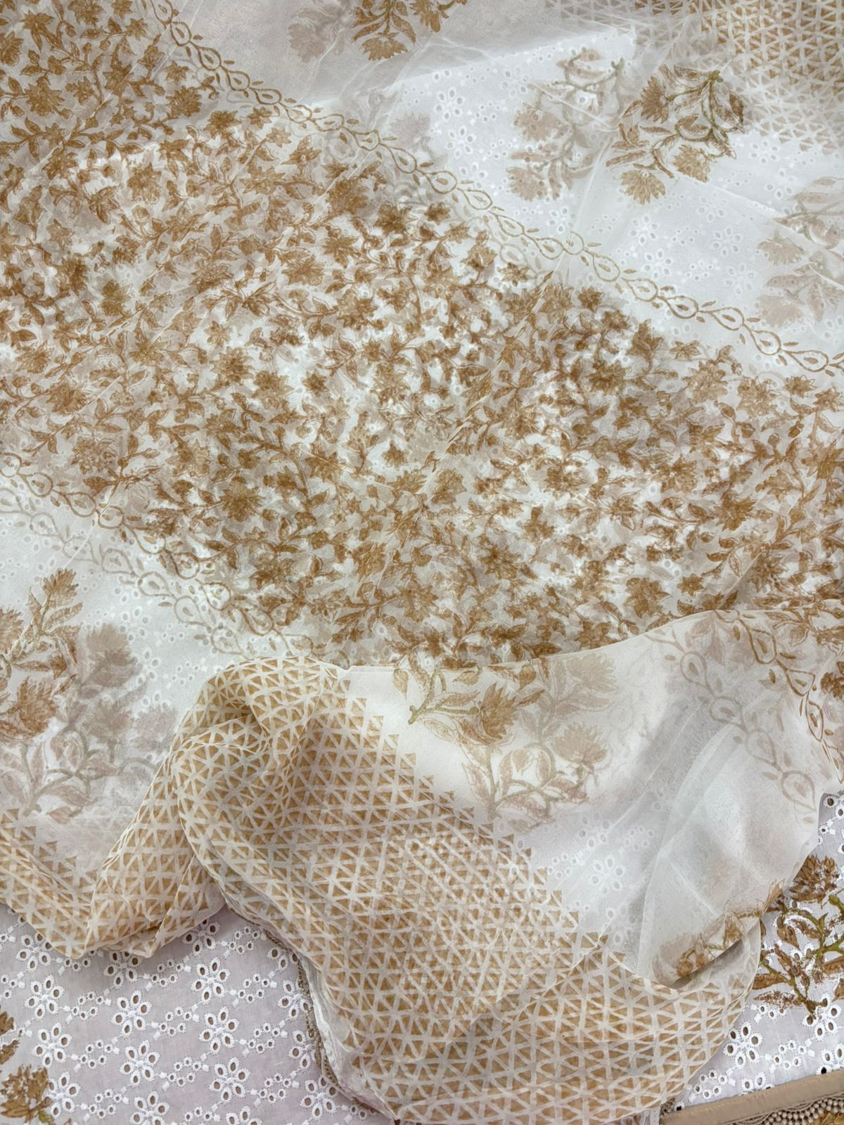 Pure Fine Cotton Printed Embroidered Suit - White