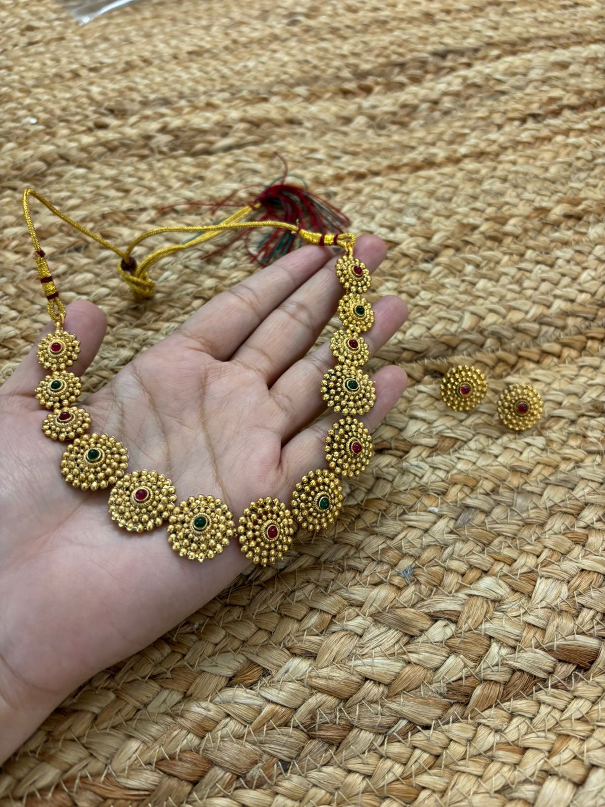 Metallic Oxidised Gold Necklace With Earrings - Maroon-Green