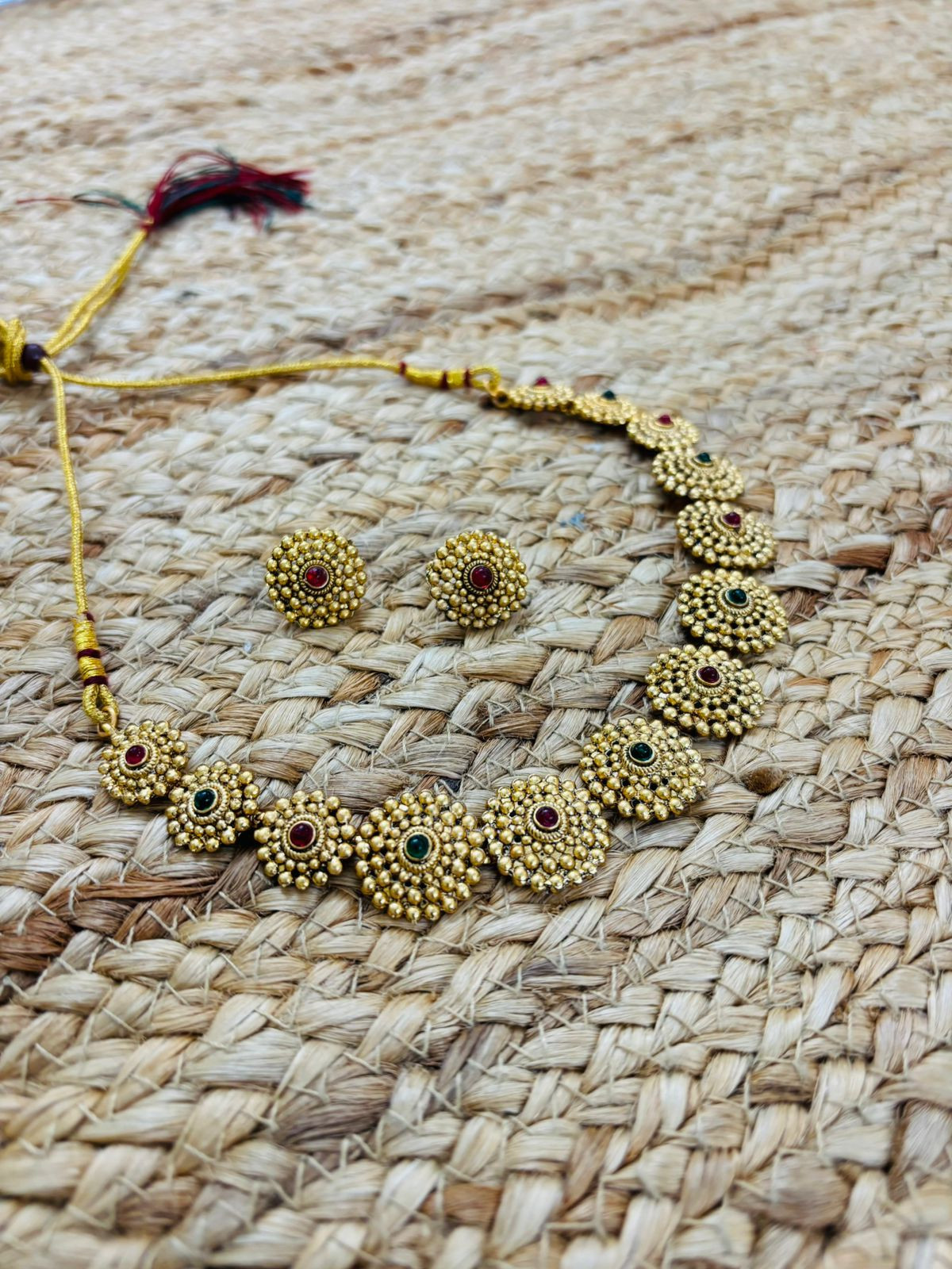 Metallic Oxidised Gold Necklace With Earrings - Maroon-Green