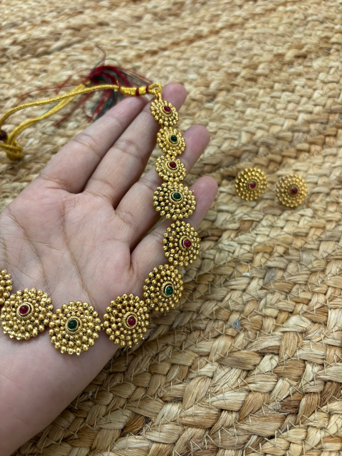 Metallic Oxidised Gold Necklace With Earrings - Maroon-Green