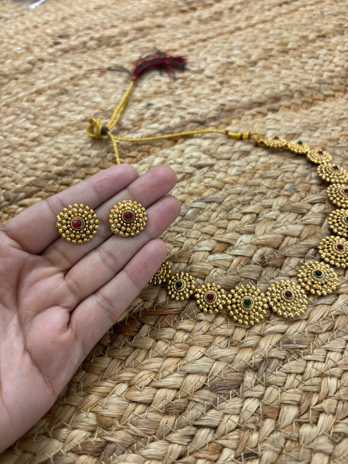 Metallic Oxidised Gold Necklace With Earrings - Maroon-Green