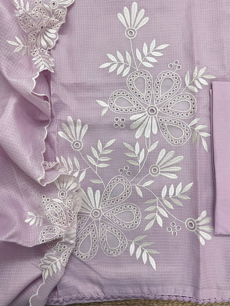Image of Soft Kota Silk Embroidered Suit - Lavender