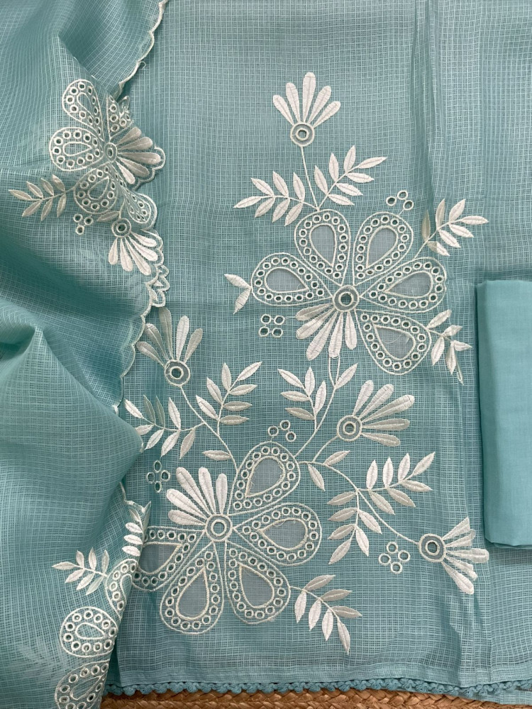 Image of Soft Kota Silk Embroidered Suit - Blue