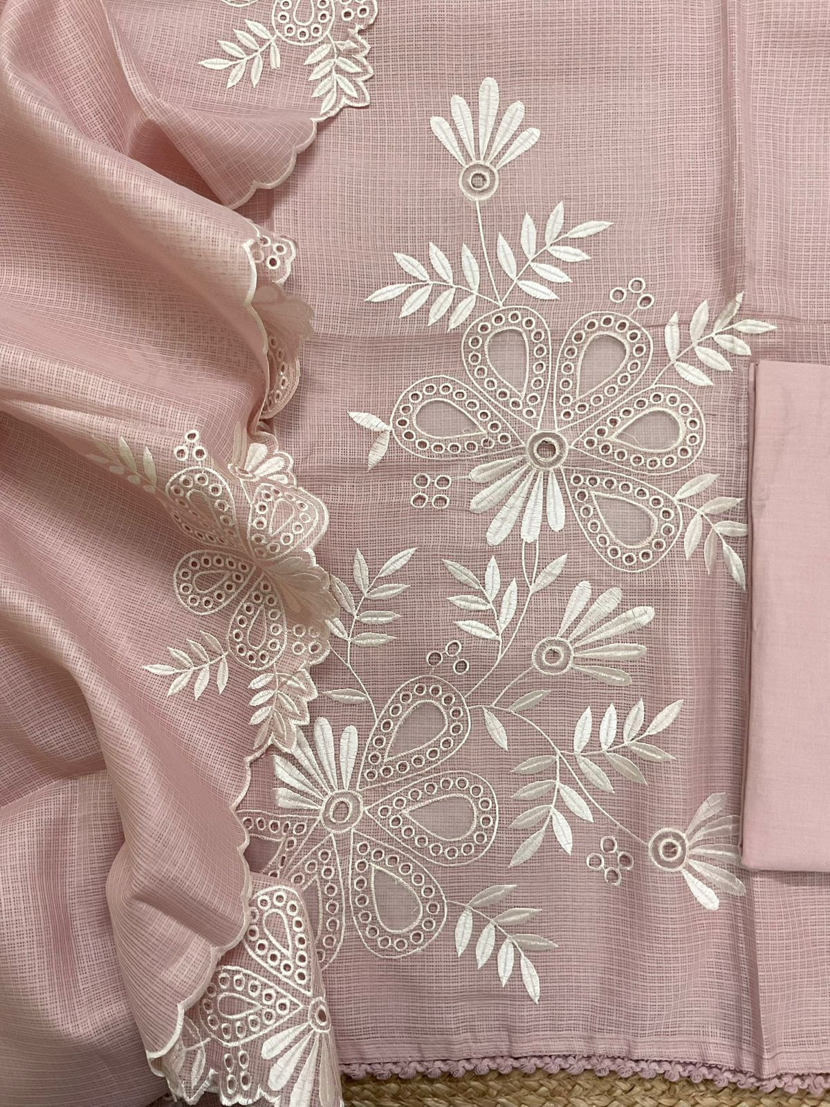 Soft Kota Silk Embroidered Suit - Pink