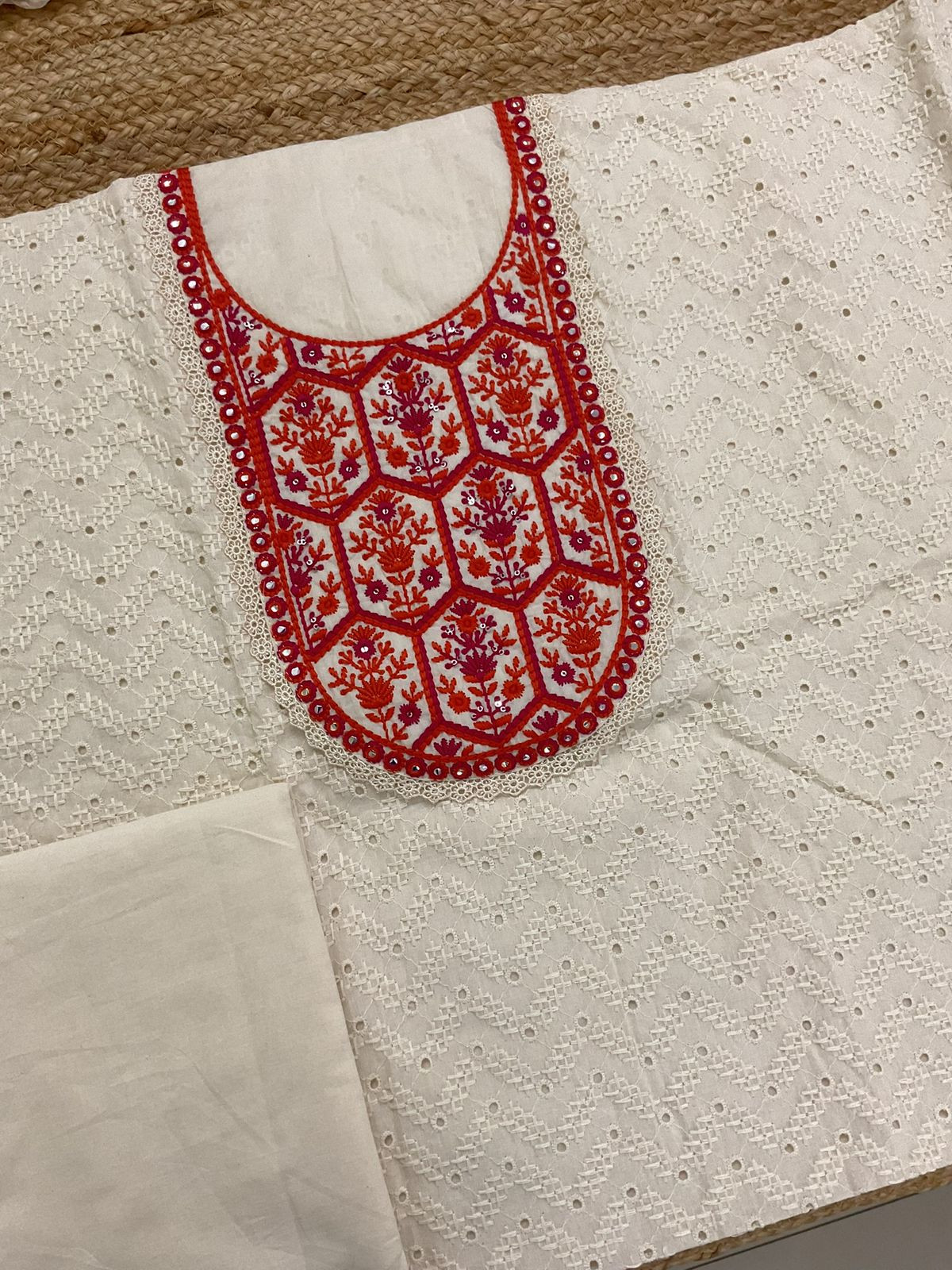 Pure Cotton Embroidered Suit - Cream