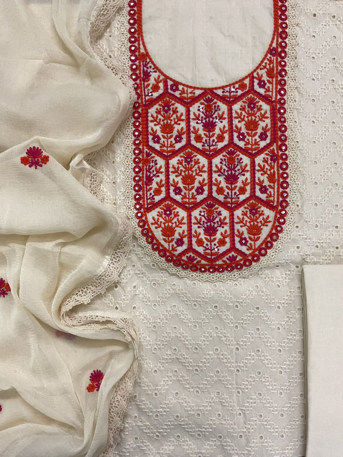 Pure Cotton Embroidered Suit - Cream