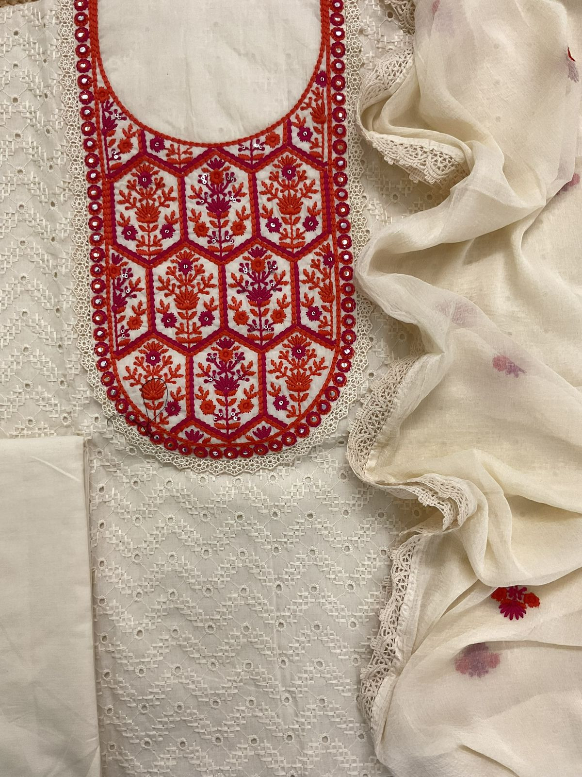 Pure Cotton Embroidered Suit - Cream