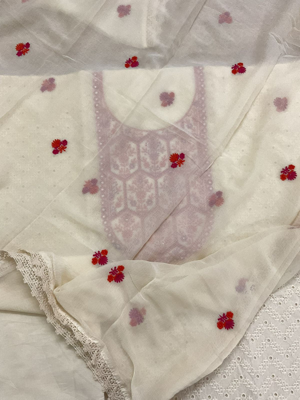 Pure Cotton Embroidered Suit - Cream