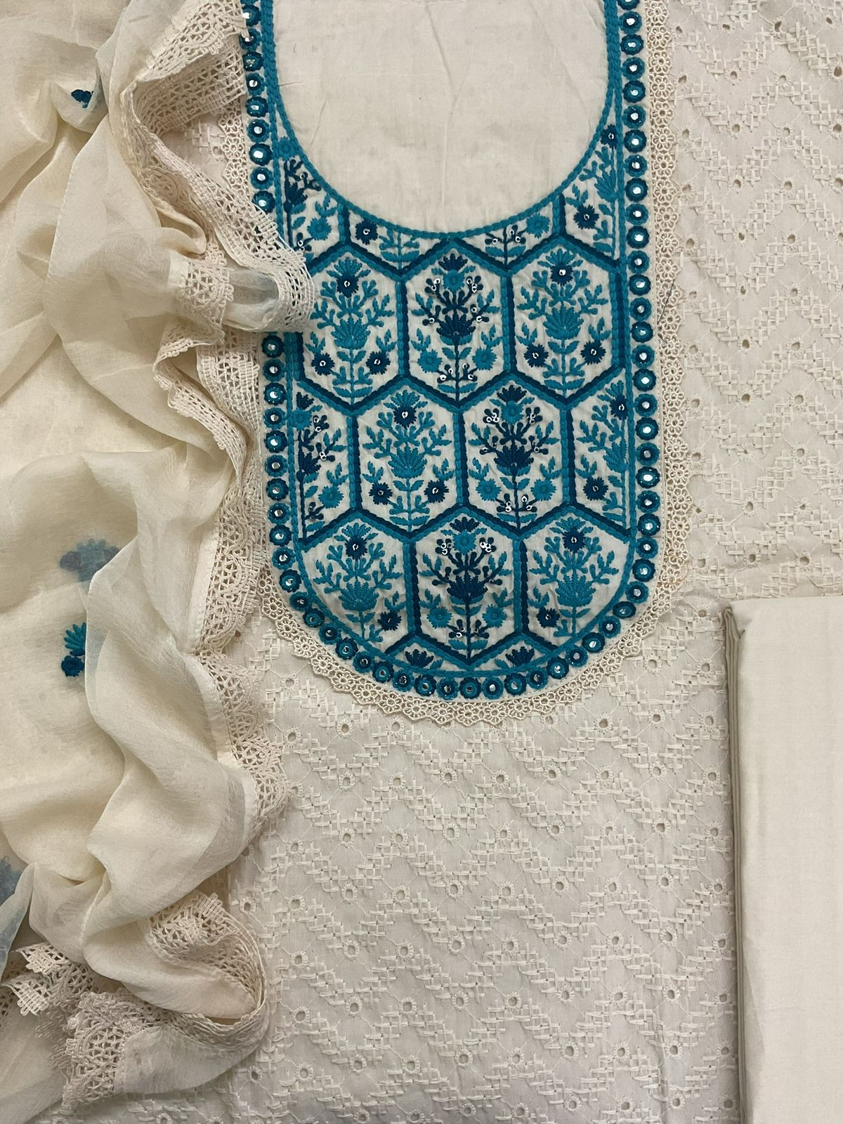 Pure Cotton Embroidered Suit - Cream