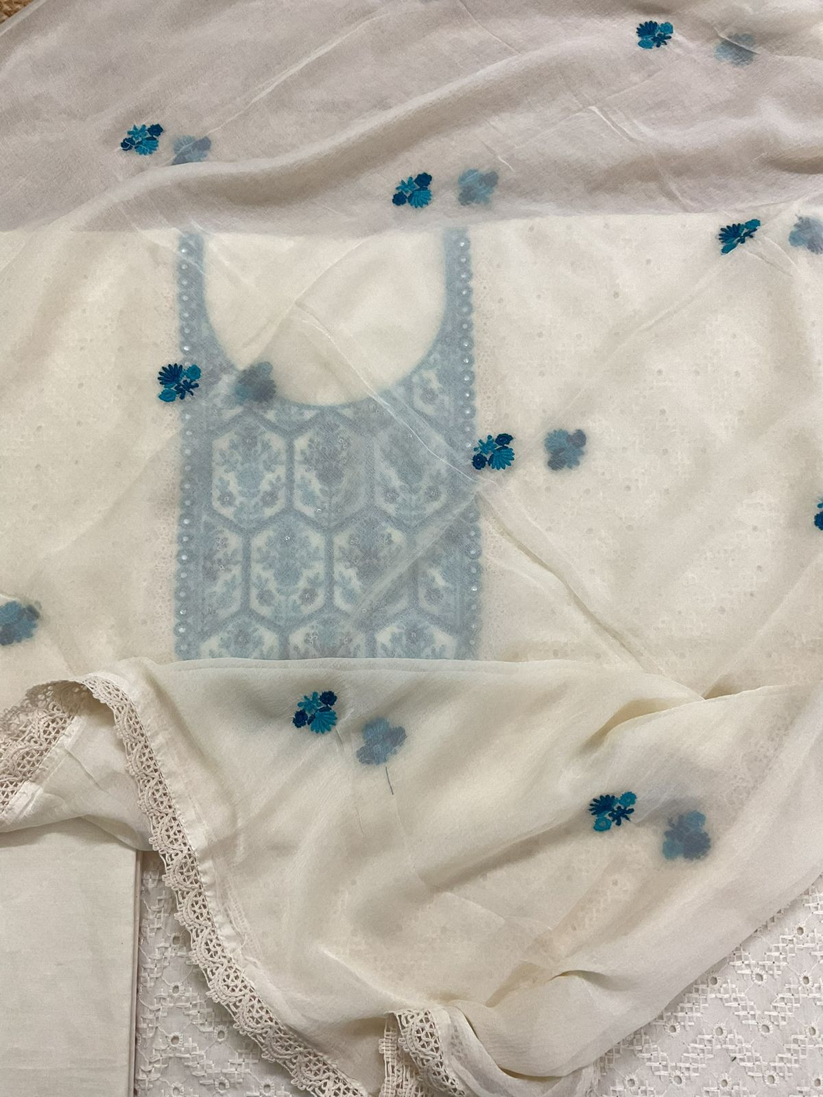 Pure Cotton Embroidered Suit - Cream