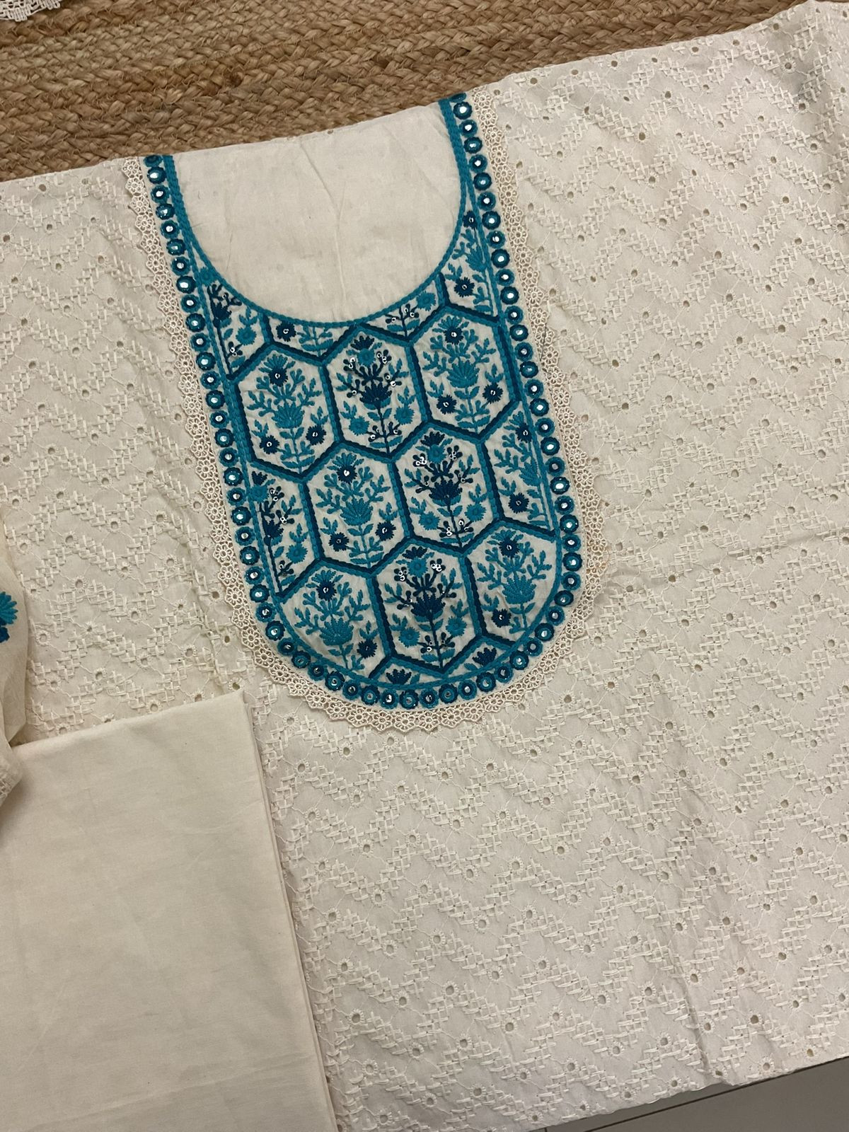 Pure Cotton Embroidered Suit - Cream