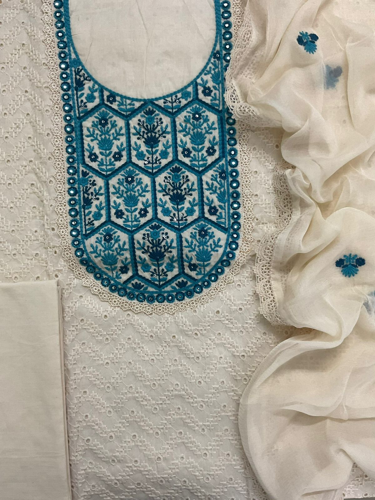 Pure Cotton Embroidered Suit - Cream