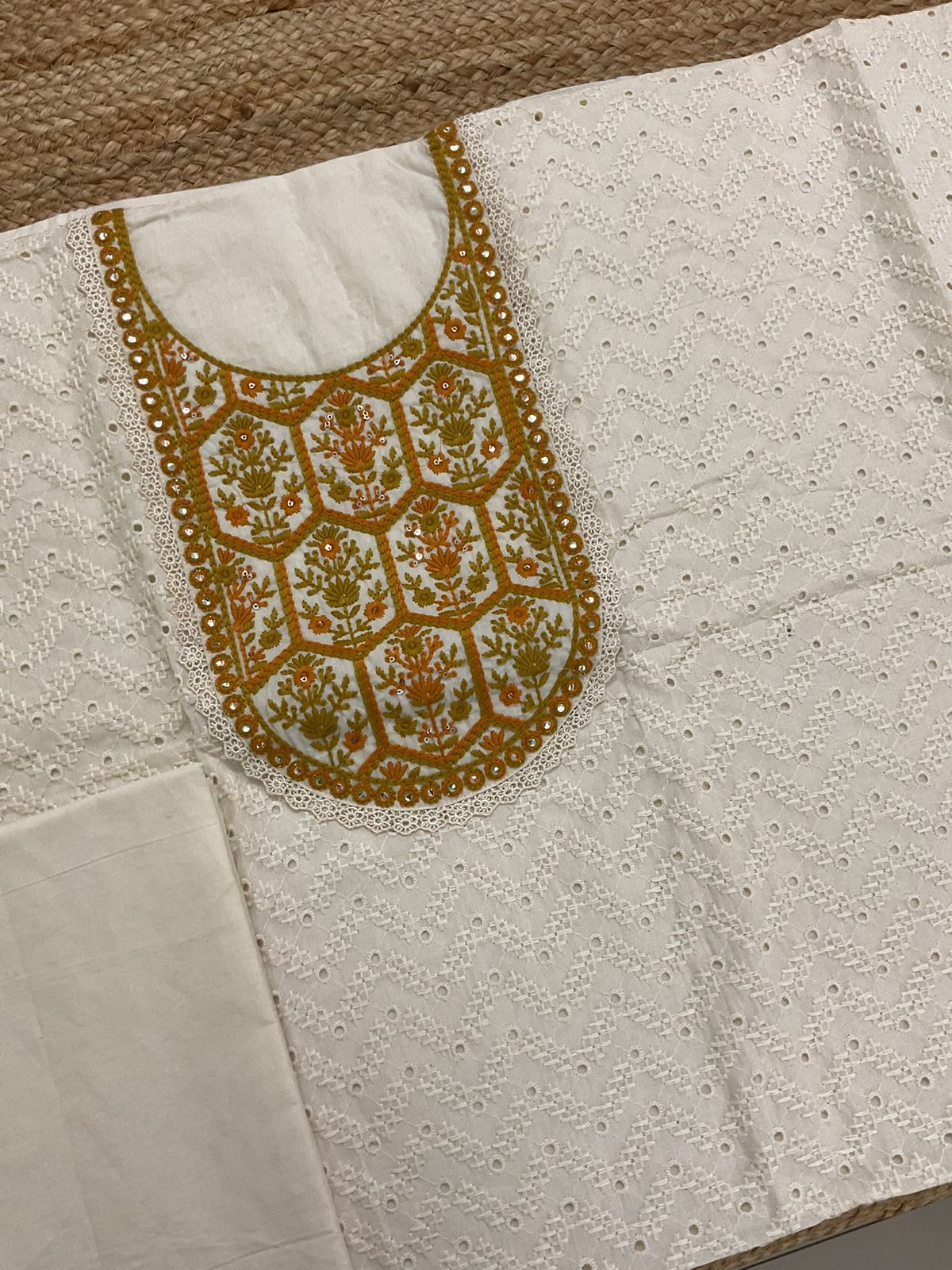 Pure Cotton Embroidered Suit - Cream