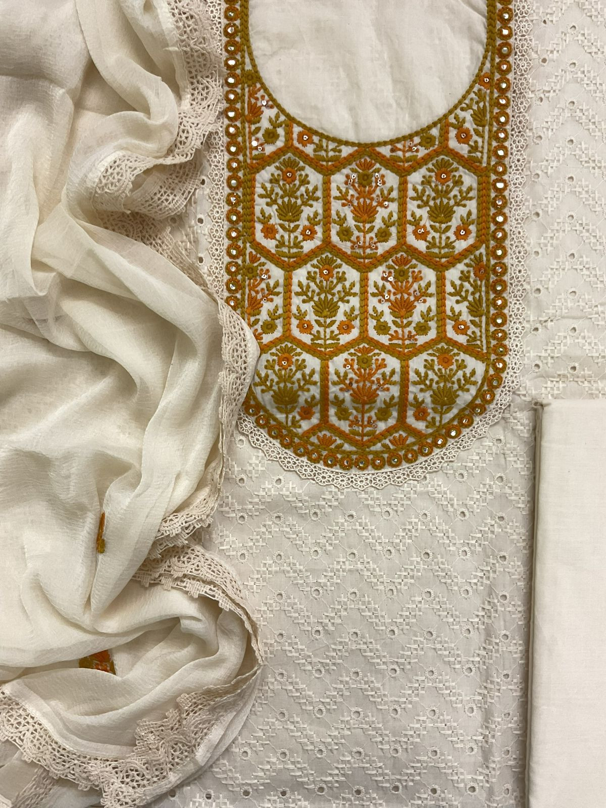 Pure Cotton Embroidered Suit - Cream