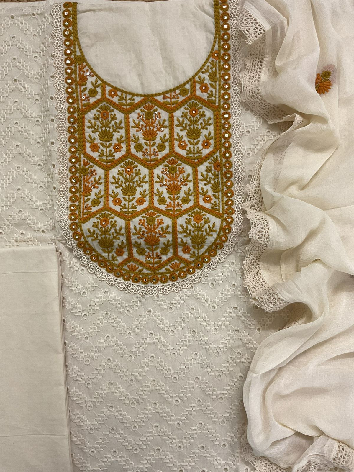 Pure Cotton Embroidered Suit - Cream