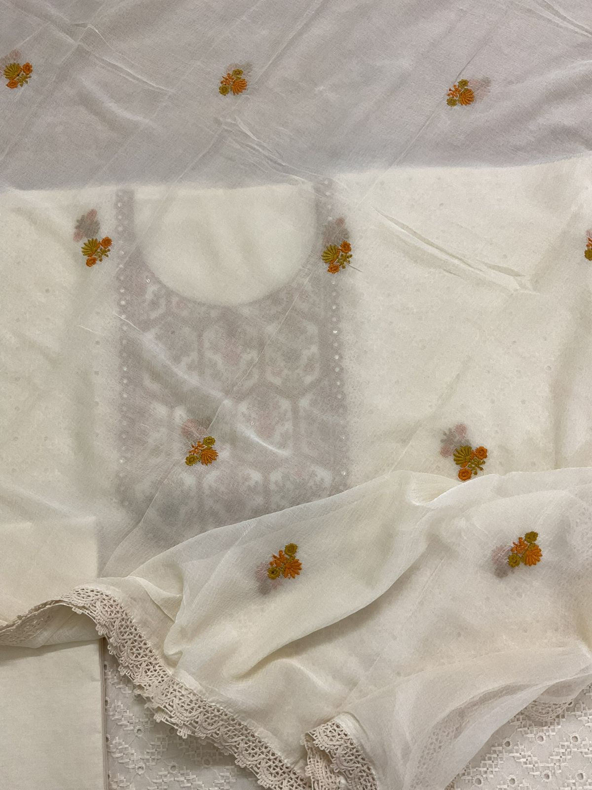 Pure Cotton Embroidered Suit - Cream