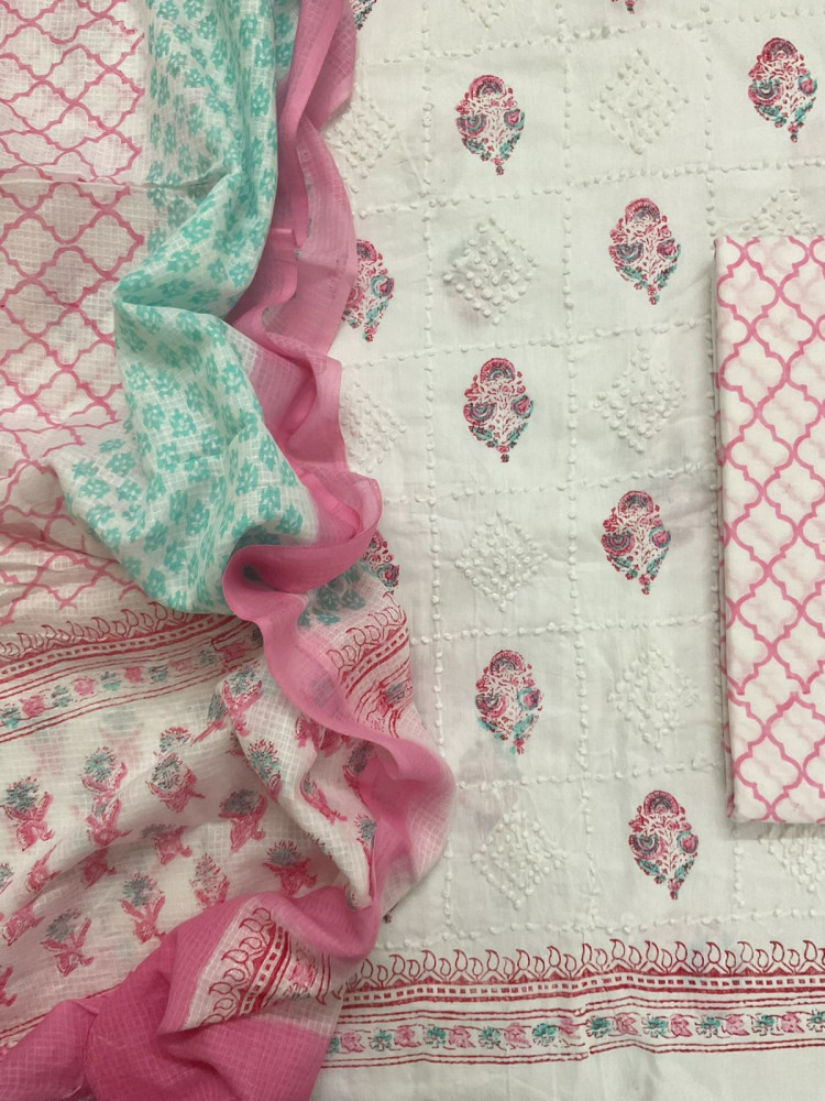 Image of Pure Cotton Printed Embroidered Suit - White