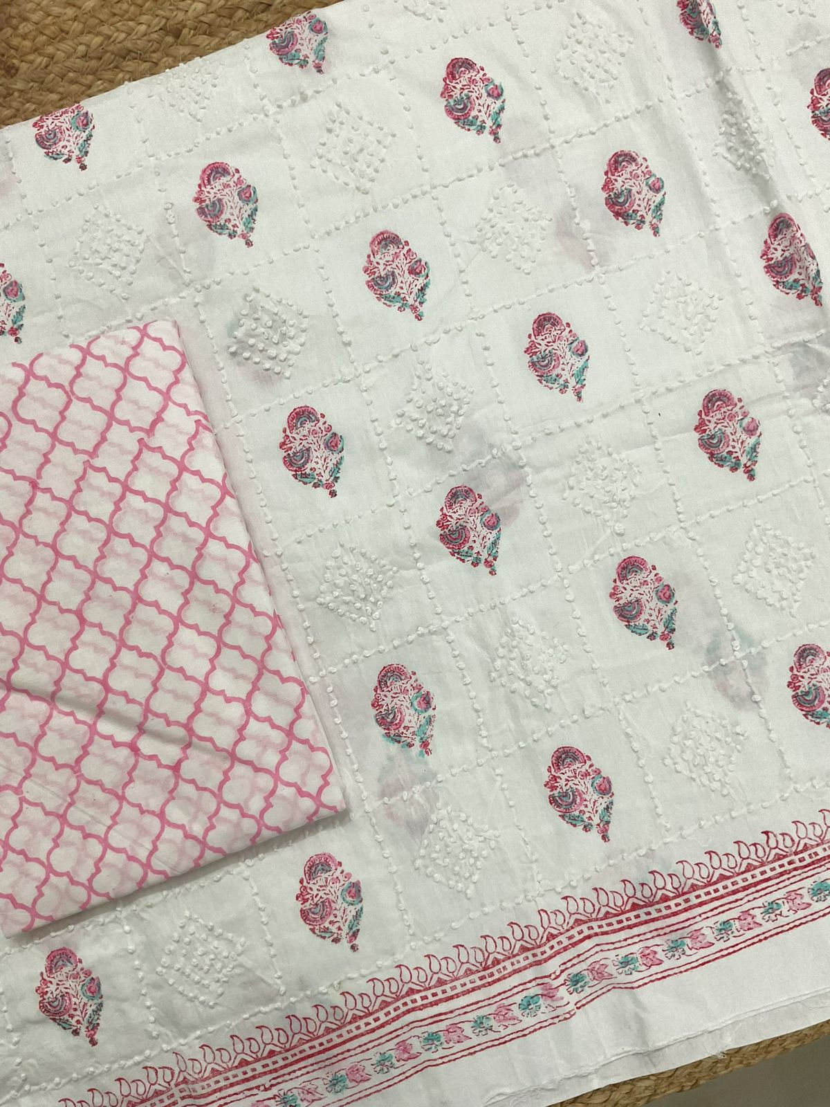 Pure Cotton Printed Embroidered Suit - White