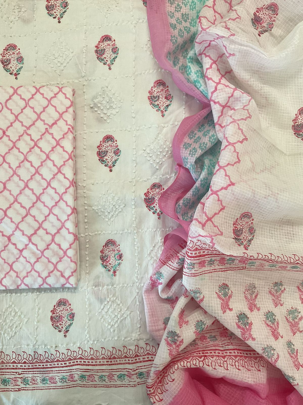 Pure Cotton Printed Embroidered Suit - White